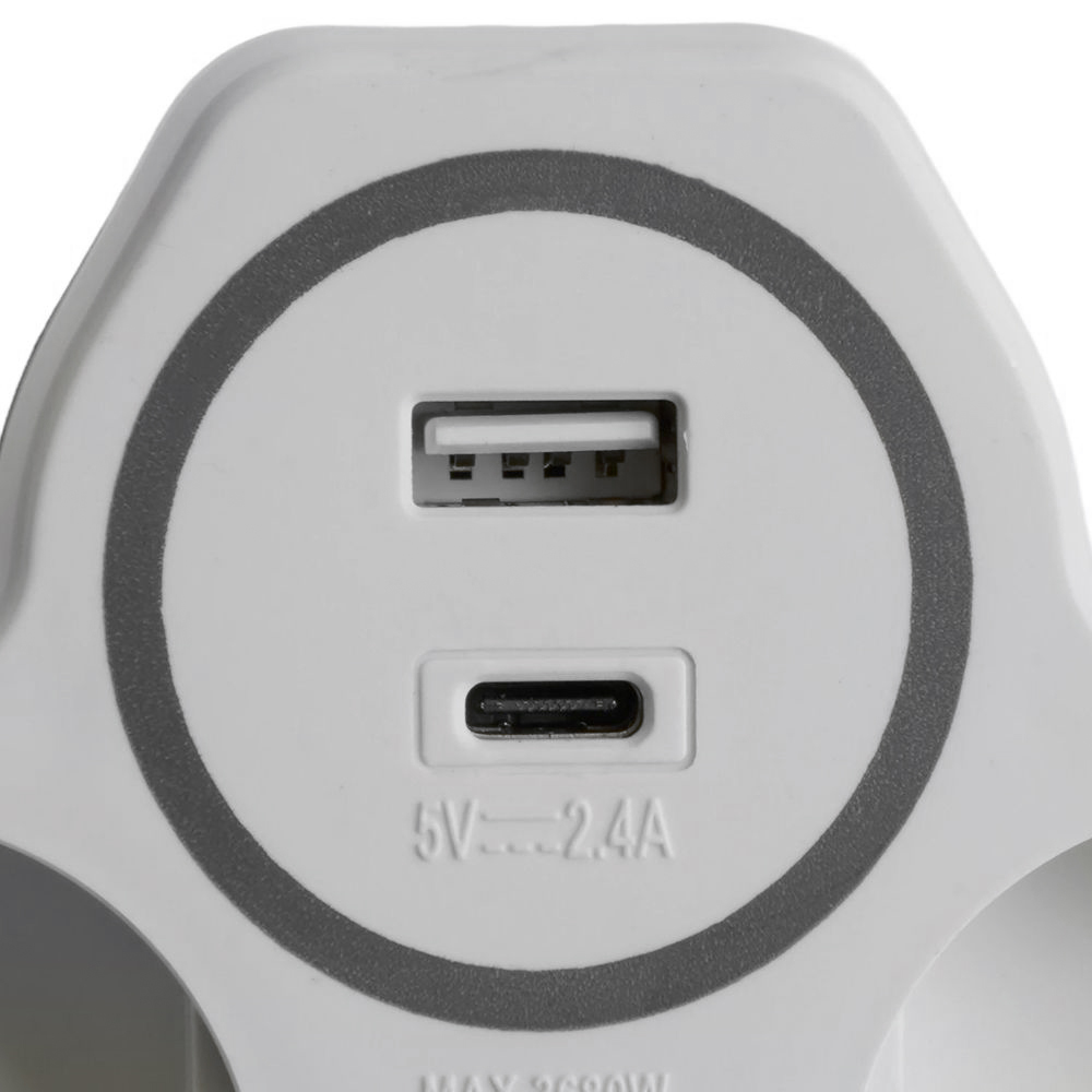 Разветвитель сетевой 2-местный с/з STEKKER ADP16-15-20, 250V, 16A и USB+Type C на 2.4А, белый/серый