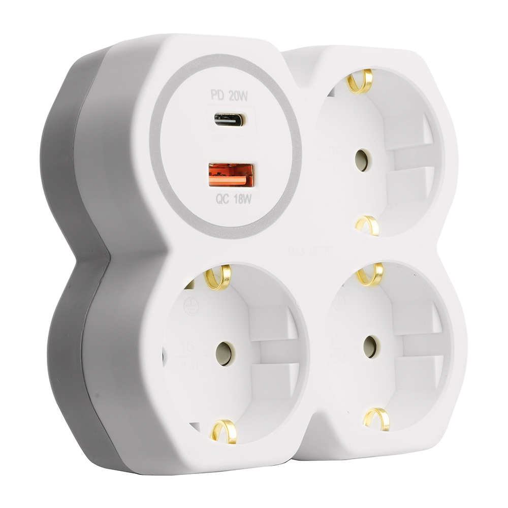 Разветвитель сетевой на 3 выхода с/з, STEKKER, 250В, 16А, USB A+Type C, 2,4А, PD, белый/серый ADP16-17-20