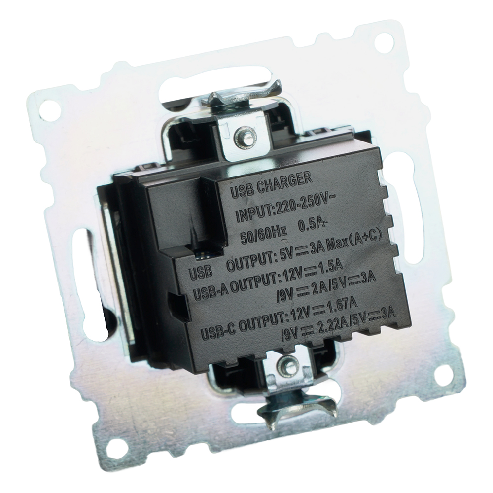 Розетка 2-местная USB + type C (механизм), STEKKER GLS10-7116-05, 250B, 3А, серия Катрин, черный