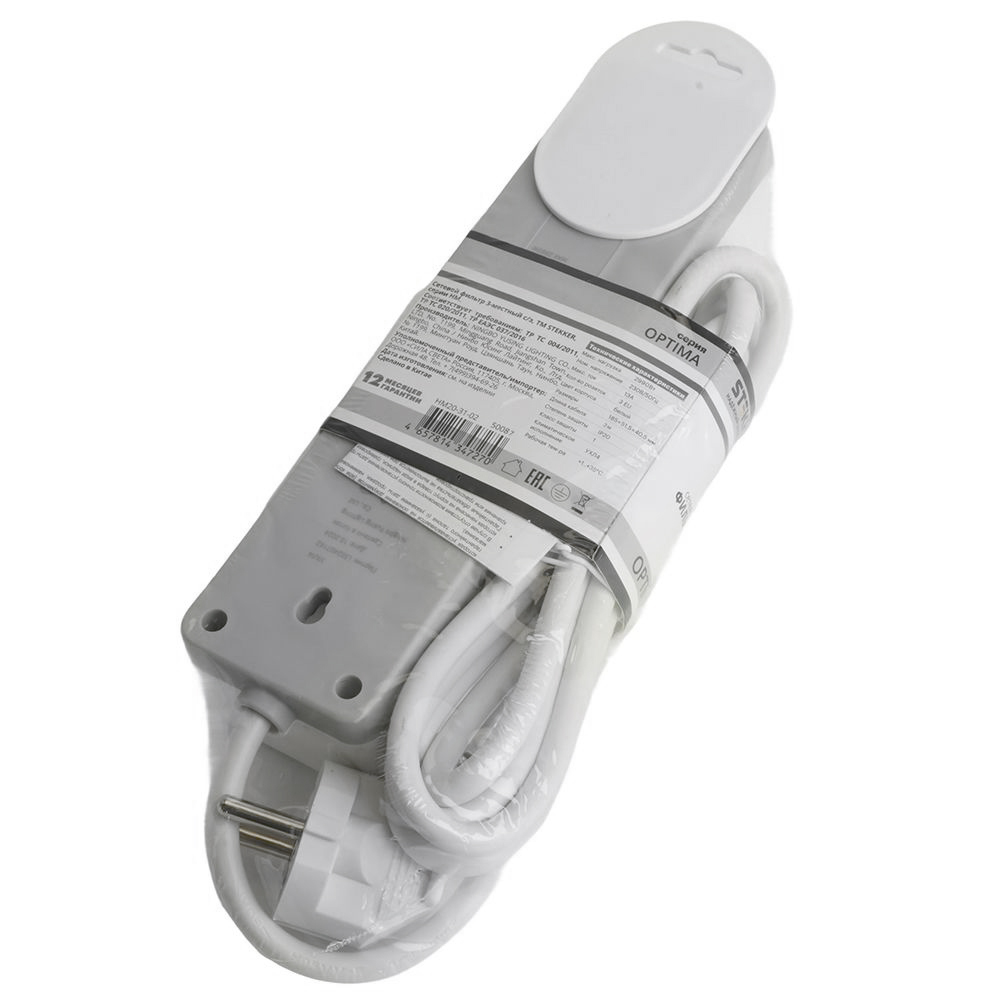 Сетевой фильтр 3-местный с/з STEKKER HM20-31-03 3x1мм2, 3 м, 250В, 16А, серия Optima, белый