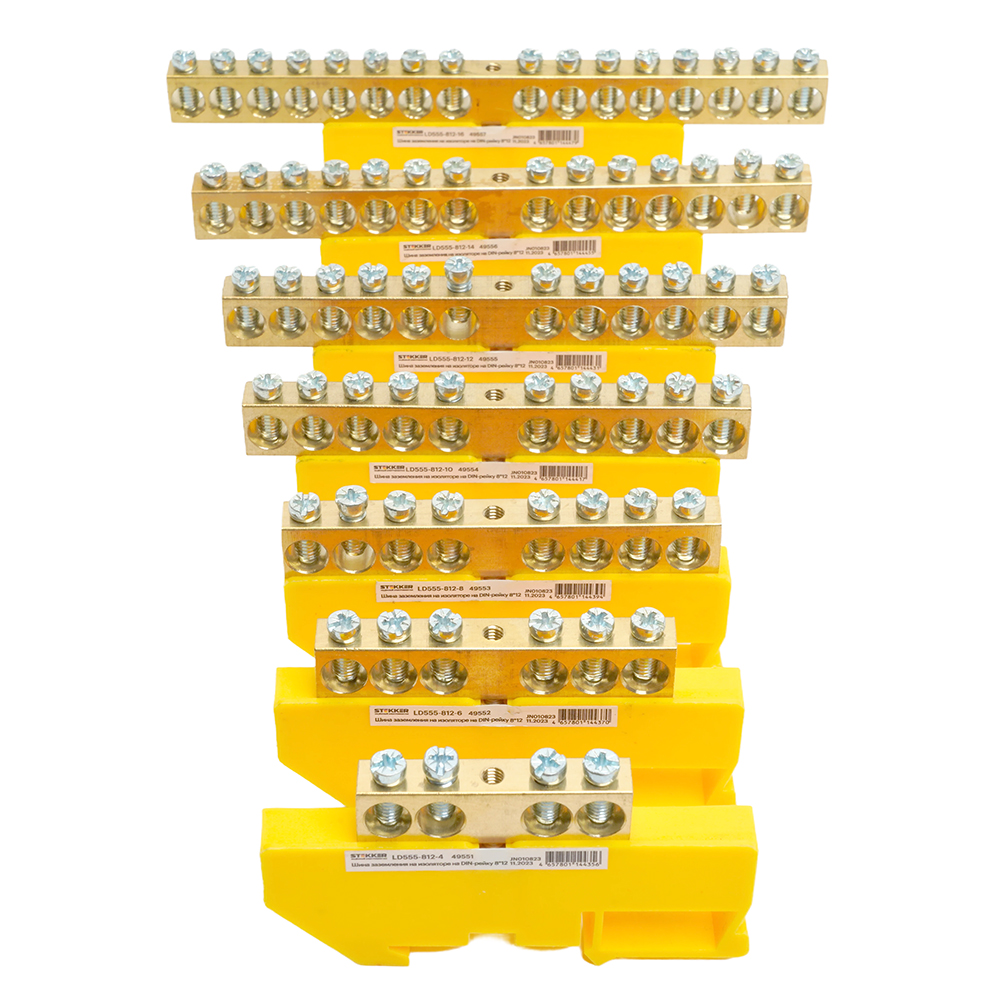Шина "PE" STEKKER на изоляторе 8*12 на DIN-рейку 16 выводов, желтый, LD555-812-16