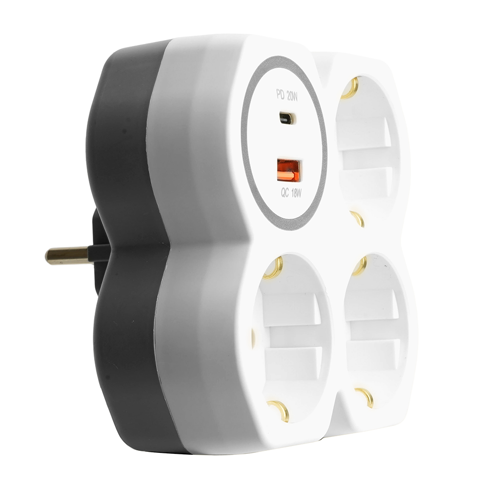 Разветвитель сетевой на 3 выхода с/з, STEKKER, 250В, 16А, USB A+Type C, 2,4А, PD, белый/серый ADP16-17-20