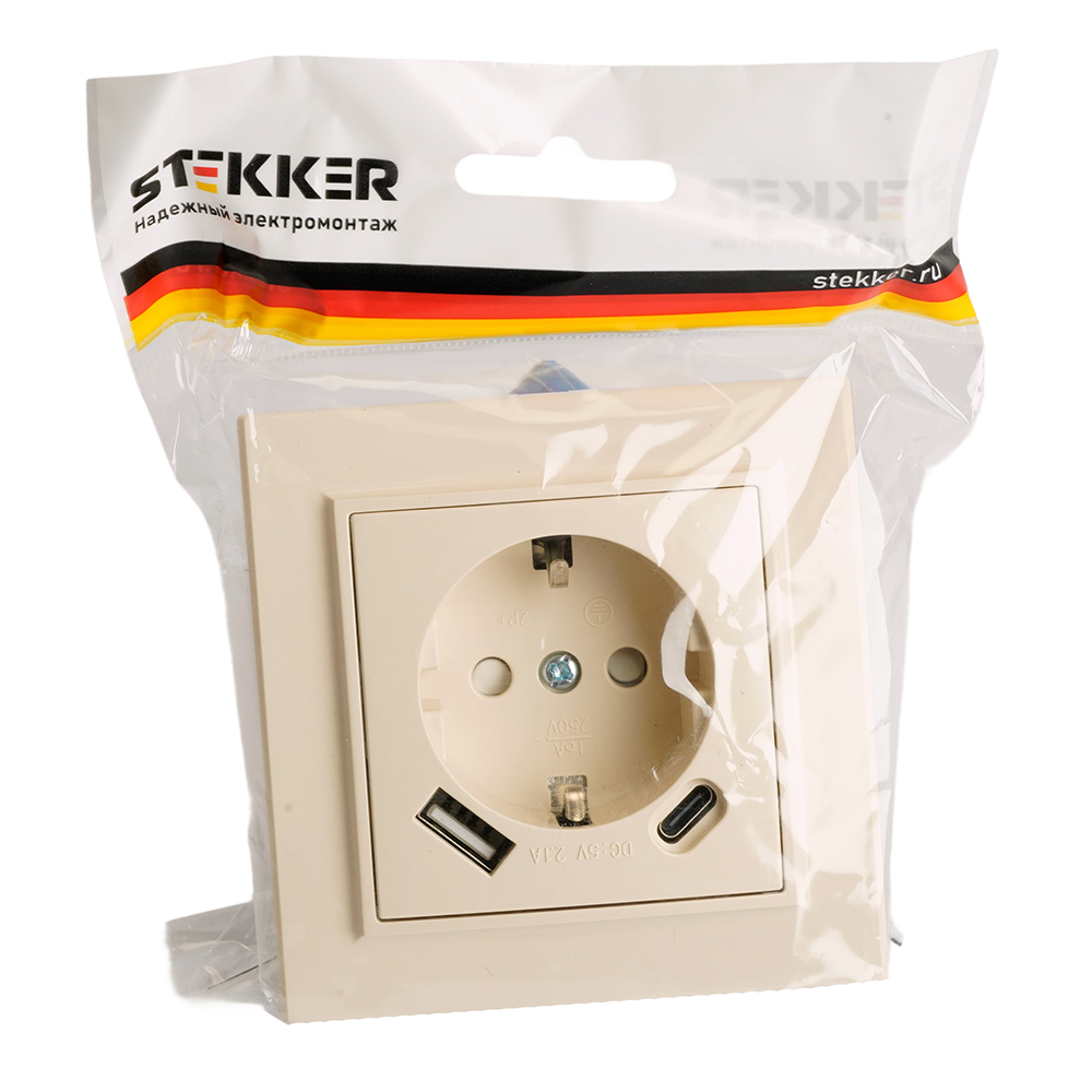 Розетка 1-местная с/з STEKKER, PST16-9016-02, 250В, 16А с USB+ type C, серия Эрна, слоновая кость