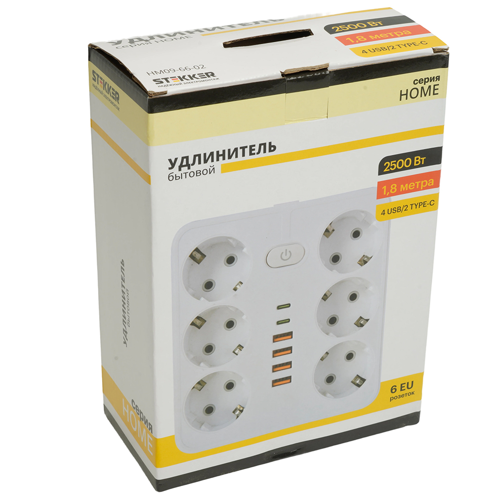 Удлинитель 6-местный c/з 3x1 мм2, 1,8 м, 250В, 10А, 4USB+2Type-C 2,4А, серия Home plus, белый STEKKER HM09-66-02