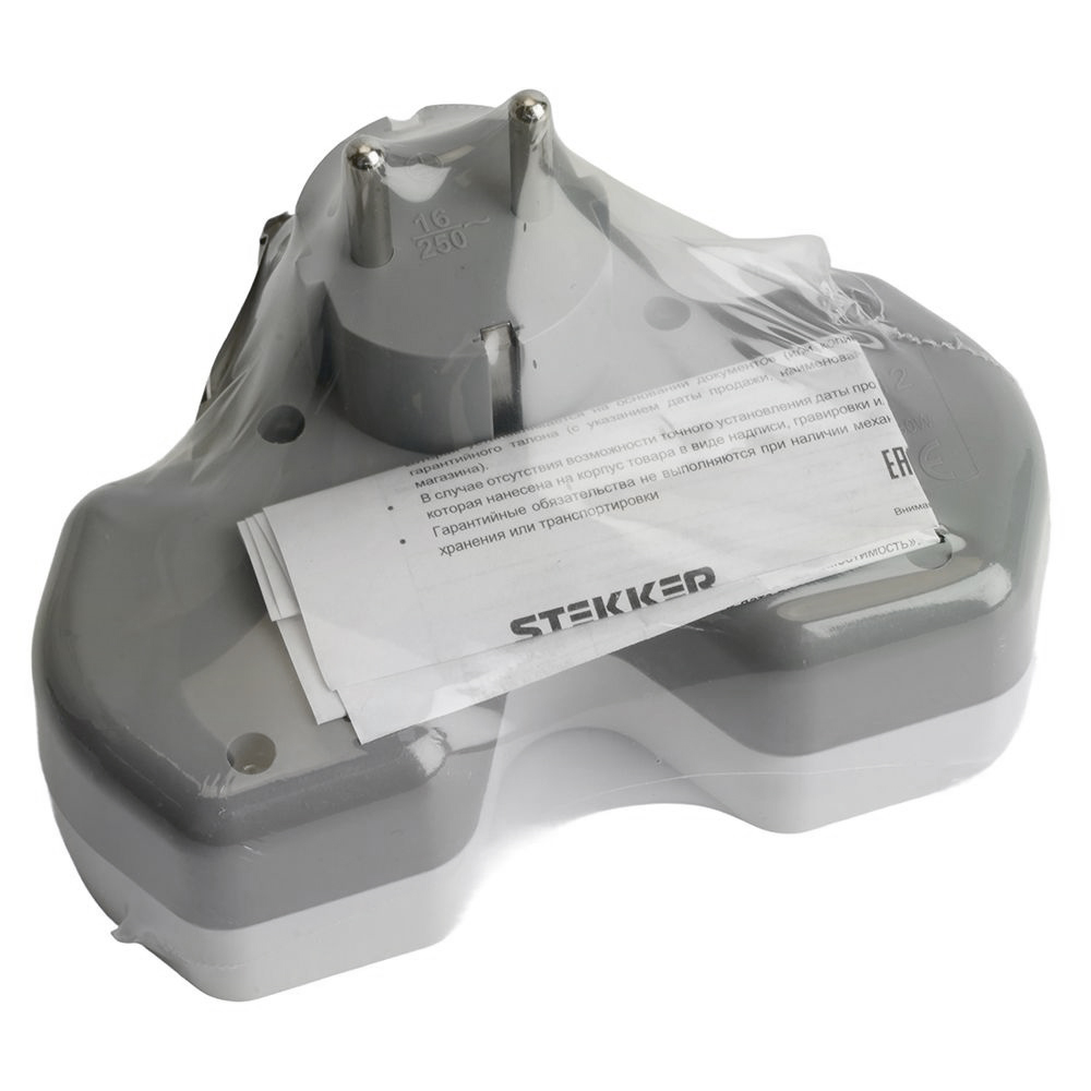 Разветвитель сетевой 2-местный с/з STEKKER ADP16-15-20, 250V, 16A и USB+Type C на 2.4А, белый/серый