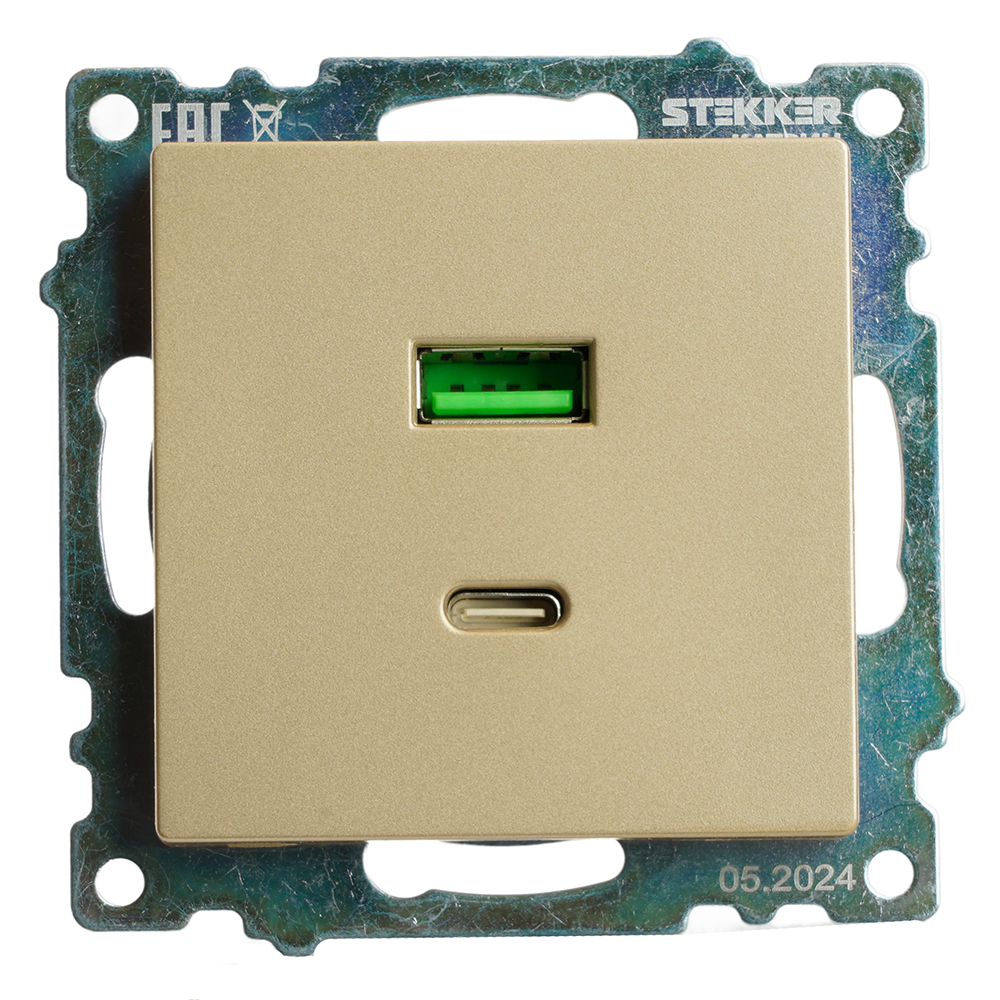 Розетка 2-местная USB + type C (механизм), 250В, 3А, max 20W, STEKKER, GLS10-7116-08, серия Катрин, золото