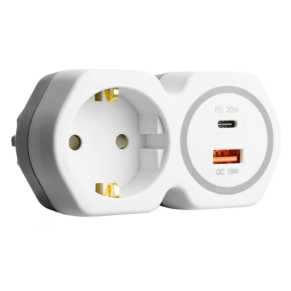 Разветвитель сетевой на 1 выход с/з STEKKER 250В, 16А, USB A+ Type C, 2,4А, PD, белый/серый, ADP16-16-20