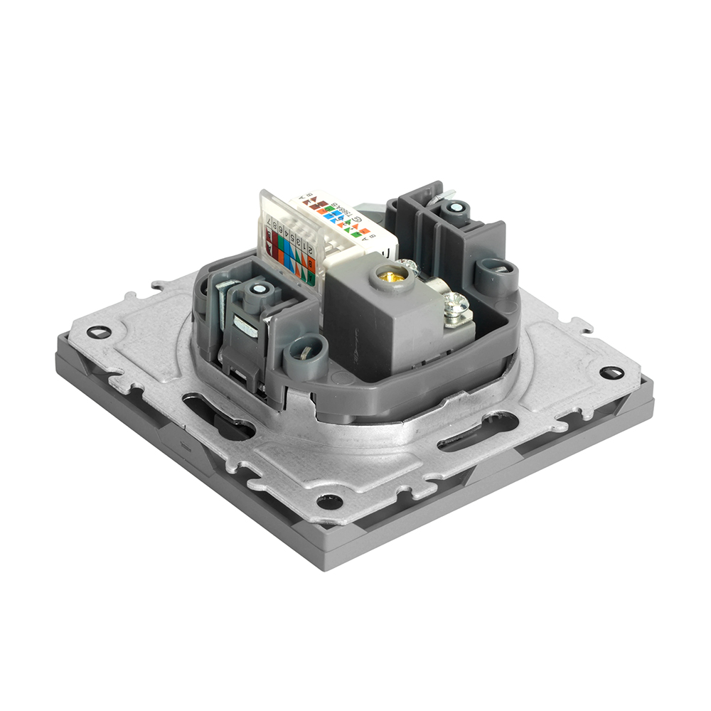 Розетка TV + компьютерная RJ-45 (механизм), STEKKER, серия Эмили, RST00-5106-10, платиново-серый, soft touch
