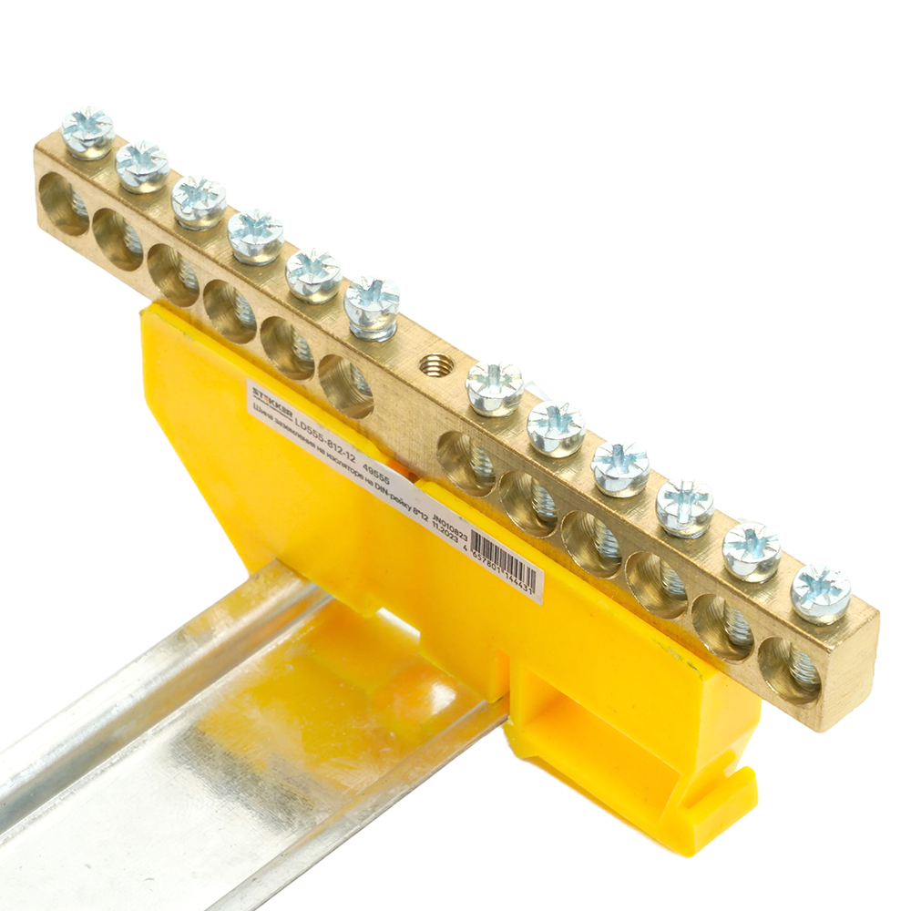 Шина "PE" STEKKER на изоляторе 8*12 на DIN-рейку 12 выводов, желтый, LD555-812-12