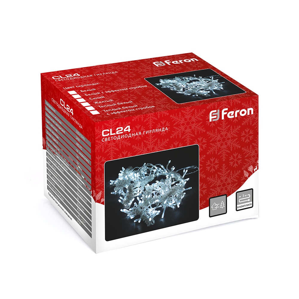 Светодиодная гирлянда Feron CL24 занавес, статичная, 3*3м  + 3м 230V 2700К c питанием от сети, прозрачный шнур