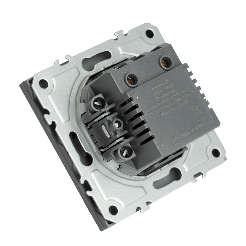 Розетка 2-местная USB + Type C (механизм), STEKKER, 250В, 20W, серия Эмили, RST10-5115-10, платиново-серый, soft touch
