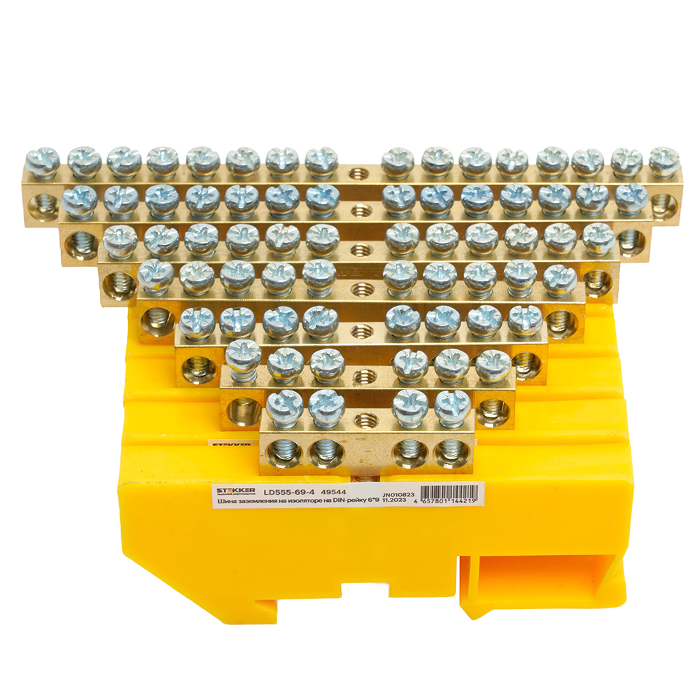 Шина"N" на изоляторе STEKKER 6*9 на DIN-рейку 8 выводов, желтый, LD555-69-8