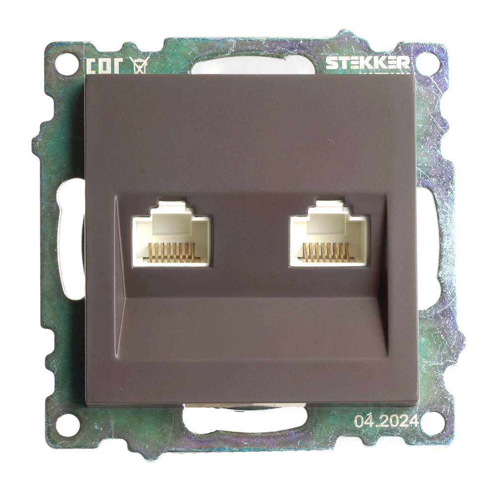 Розетка компьютерная 2-местная RJ-45 (механизм) STEKKER GLS00-7109-04, серия Катрин, шоколад