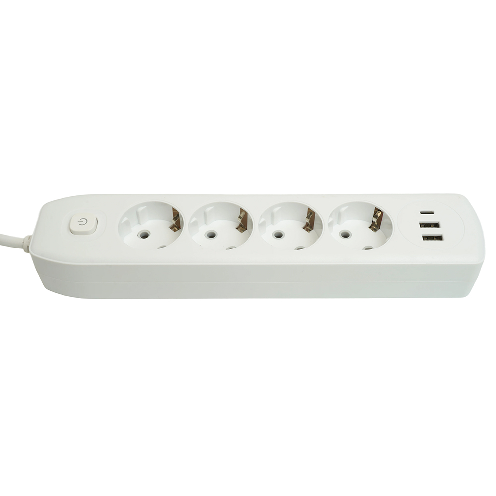 Удлинитель 4-местный c/з 3x1 мм2, 1,8 м, 250В, 10А, 2USB+1Type-C 2,4А, серия Home plus, белый STEKKER HM08-43-02