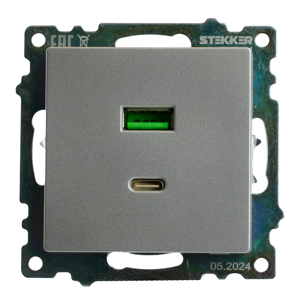 Розетка 2-местная USB + type C (механизм)), STEKKER GLS10-7116-03 , 250B, 3А, max 20W, серия Катрин, серебро