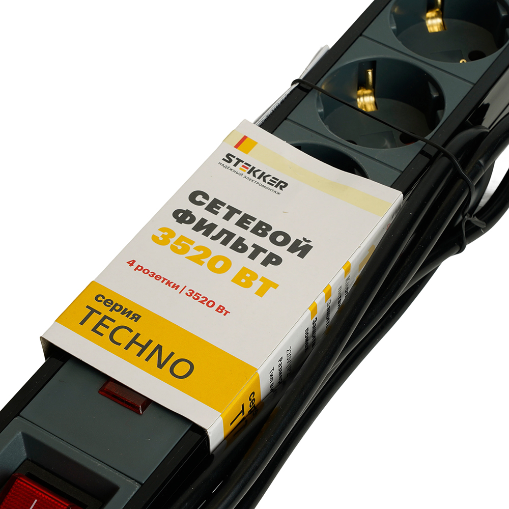 Сетевой фильтр 3-местный с/з STEKKER 3x1мм2, 3 м, 250В, 16А, серия Techno, HM22-31-03, черный