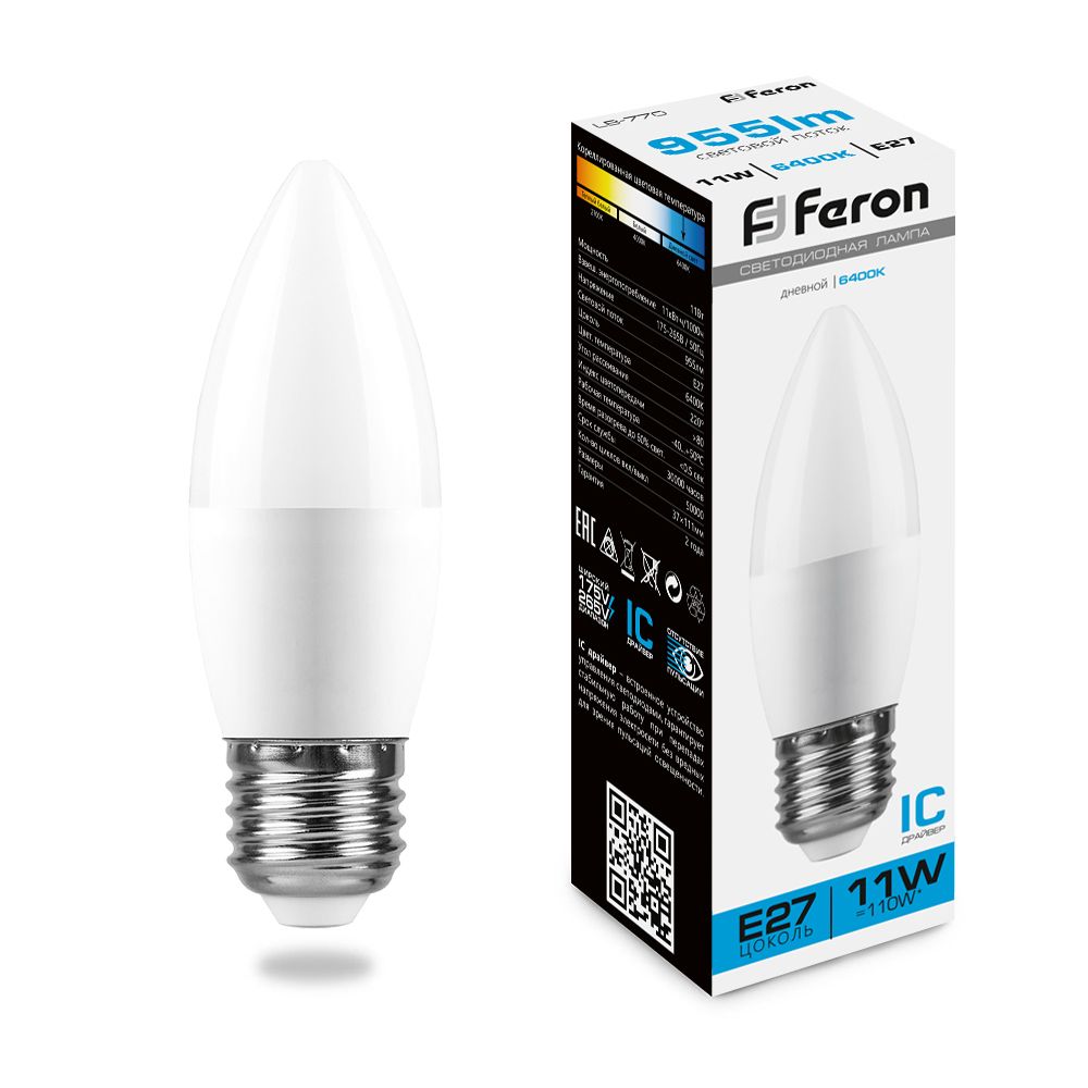 Лампа светодиодная Feron LB-770 Свеча E27 11W 175-265V 6400K