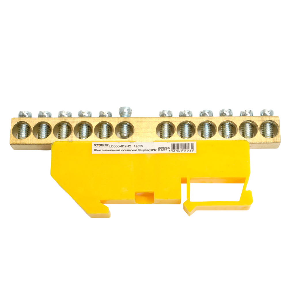 Шина "PE" STEKKER на изоляторе 8*12 на DIN-рейку 12 выводов, желтый, LD555-812-12