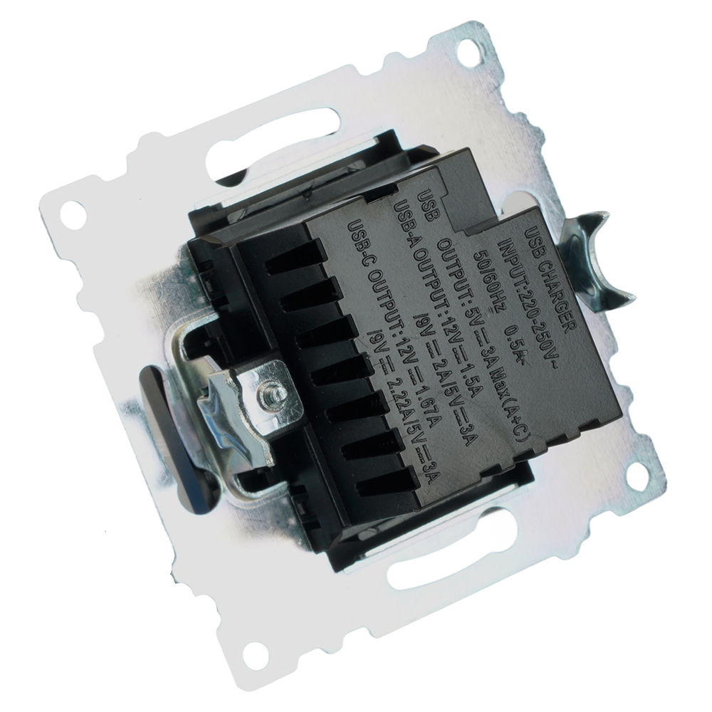 Розетка 2-местная USB + type C (механизм), STEKKER GLS10-7116-05, 250B, 3А, серия Катрин, черный
