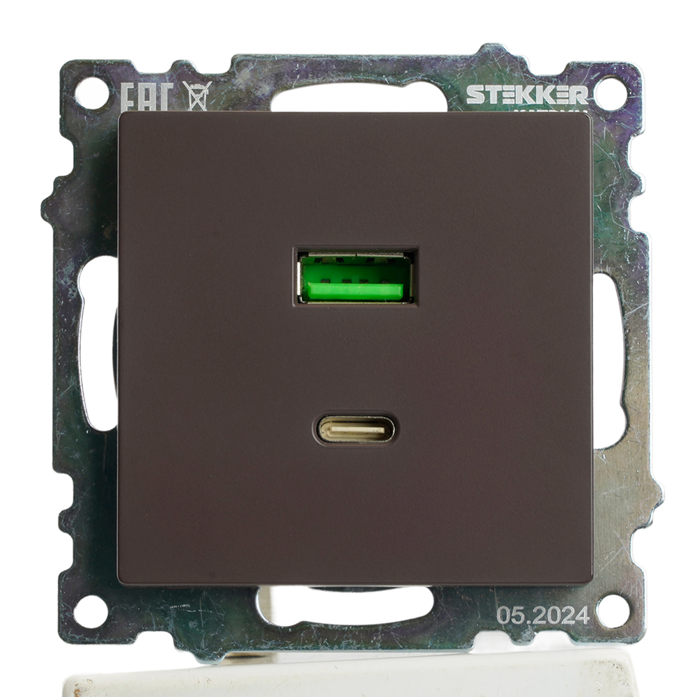 Розетка 2-местная USB + type C, STEKKER GLS10-7116-04, 250В, 3А, max 20W,серия Катрин, шоколад