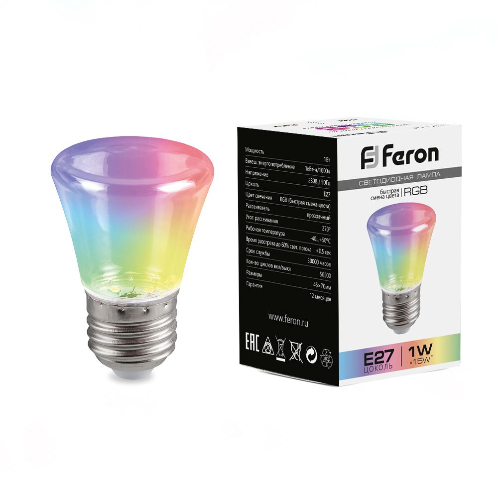 Лампа светодиодная Feron LB-372 Колокольчик прозрачный E27 1W RGB плавная смена цвета