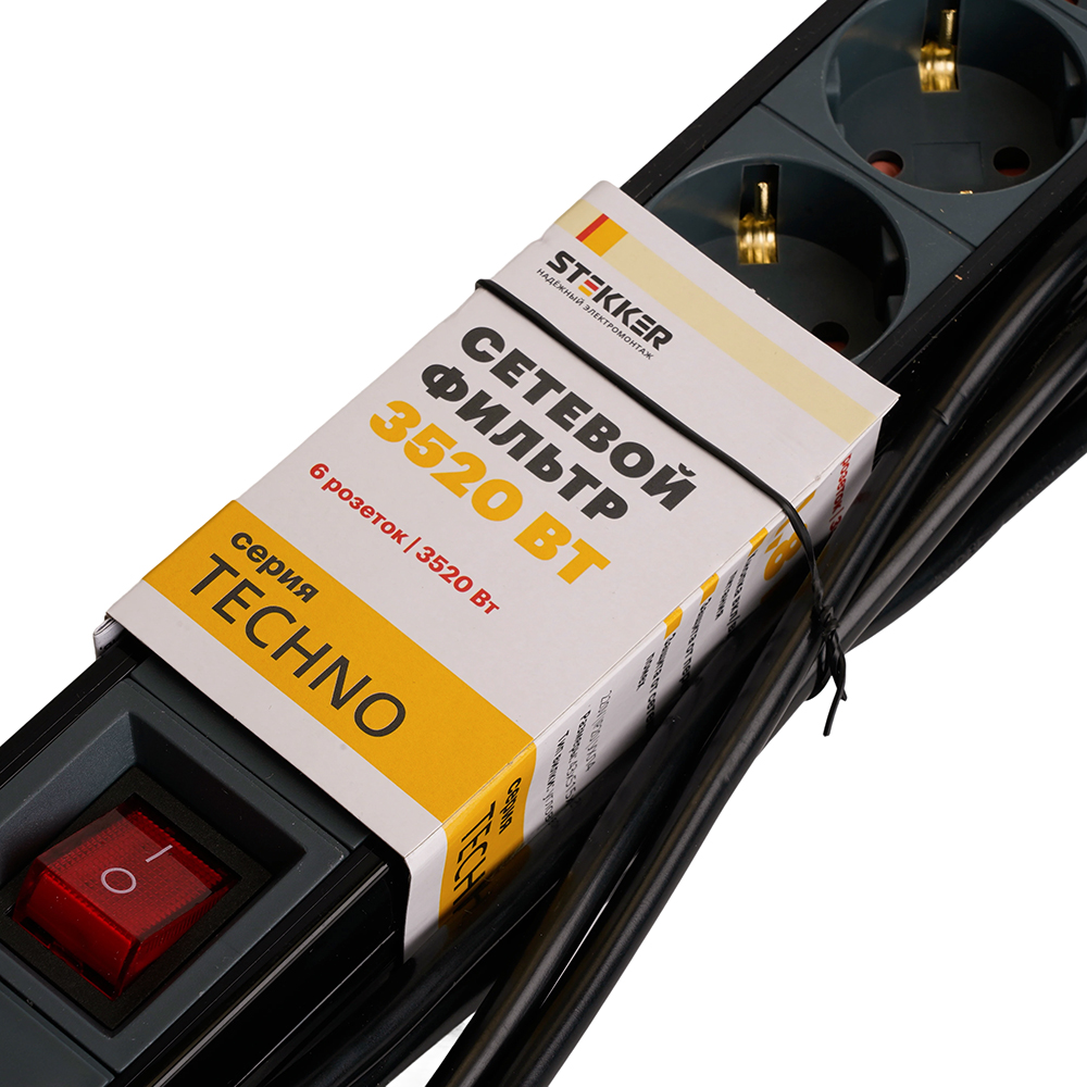 Сетевой фильтр 6-местный с/з STEKKER 3x1мм2, 5 м, 250В, 16А, серия Techno, HM22-61-05, черный