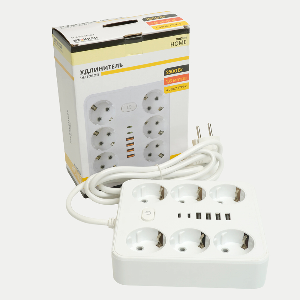 Удлинитель 6-местный c/з 3x1 мм2, 1,8 м, 250В, 10А, 4USB+2Type-C 2,4А, серия Home plus, белый STEKKER HM09-66-02