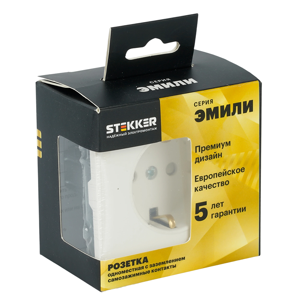 Розетка 1-местная с з/ш, с/з (механизм), СЗК, STEKKER, 250В, 16А, серия Эмили, RST16-5110-01ZK, белый фарор, soft touch