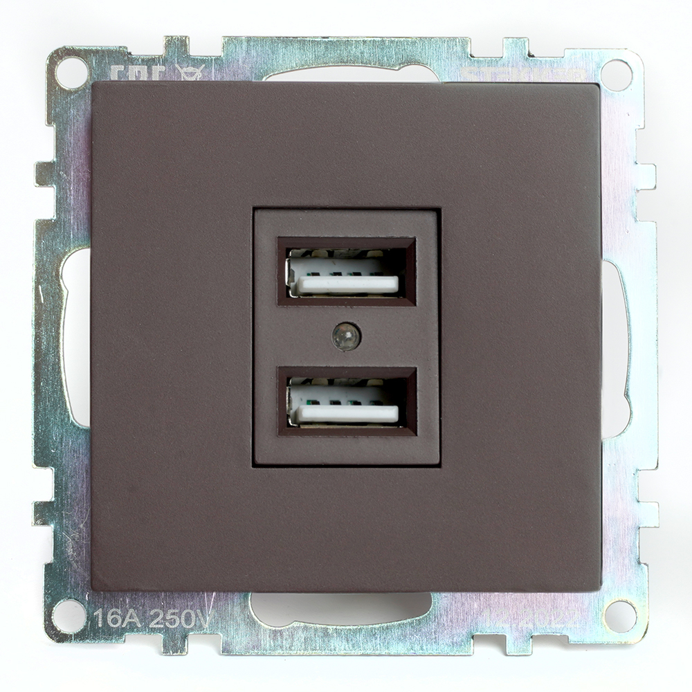 Розетка USB 2-местная (механизм), STEKKER GLS10-7115-04, 250B, 2,1А, серия Катрин, шоколад