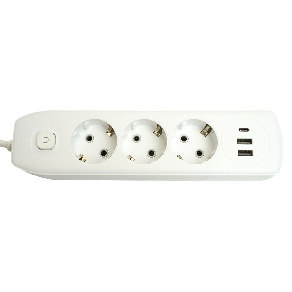 Удлинитель 3-местный c/з 3x1 мм2, 1,8 м, 250В, 10А, 2USB+1Type-C 2,4А, серия Home plus, белый STEKKER HM08-33-02