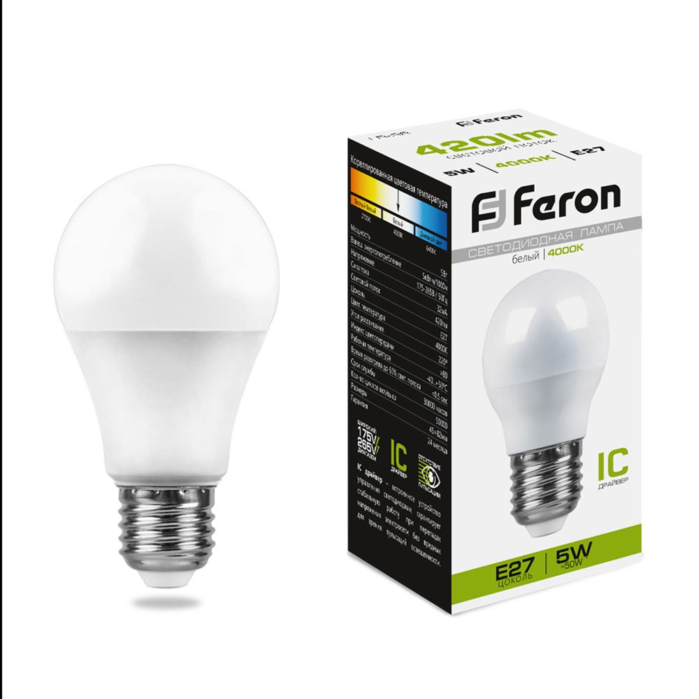 Лампа светодиодная Feron LB-38 Шарик E27 5W 175-265V 4000K