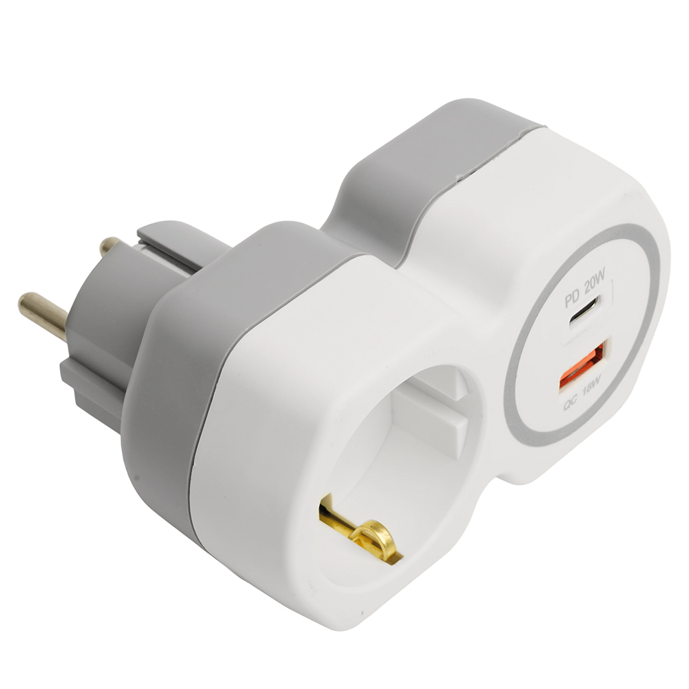 Разветвитель сетевой на 1 выход с/з STEKKER 250В, 16А, USB A+ Type C, 2,4А, PD, белый/серый, ADP16-16-20