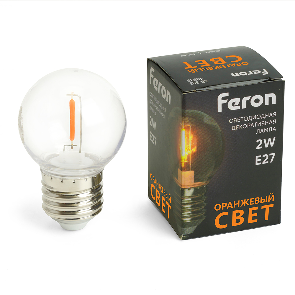 Лампа светодиодная Feron LB-383 Шарик прозрачный E27 2W 230V оранжевый