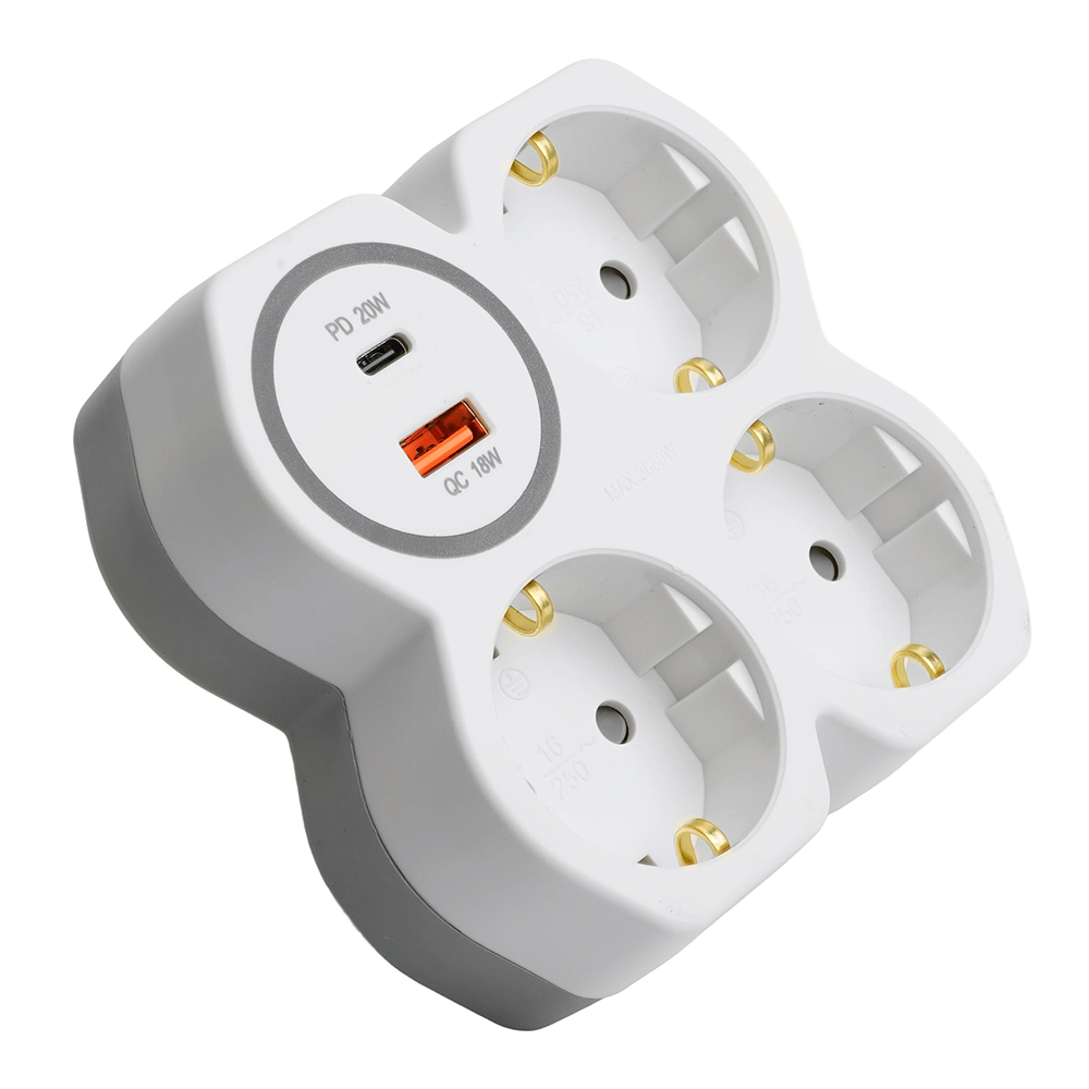 Разветвитель сетевой на 3 выхода с/з, STEKKER, 250В, 16А, USB A+Type C, 2,4А, PD, белый/серый ADP16-17-20