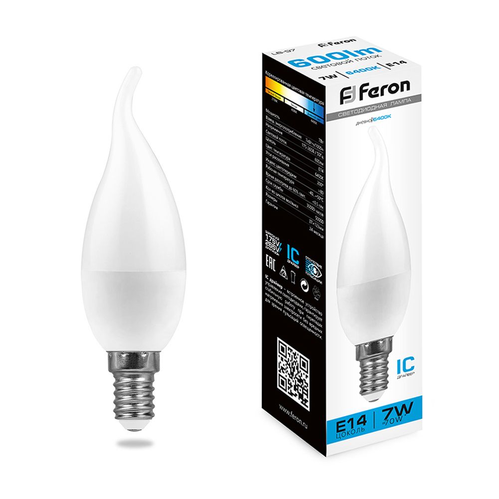 Лампа светодиодная Feron LB-97 Свеча на ветру E14 7W 175-265V 6400K