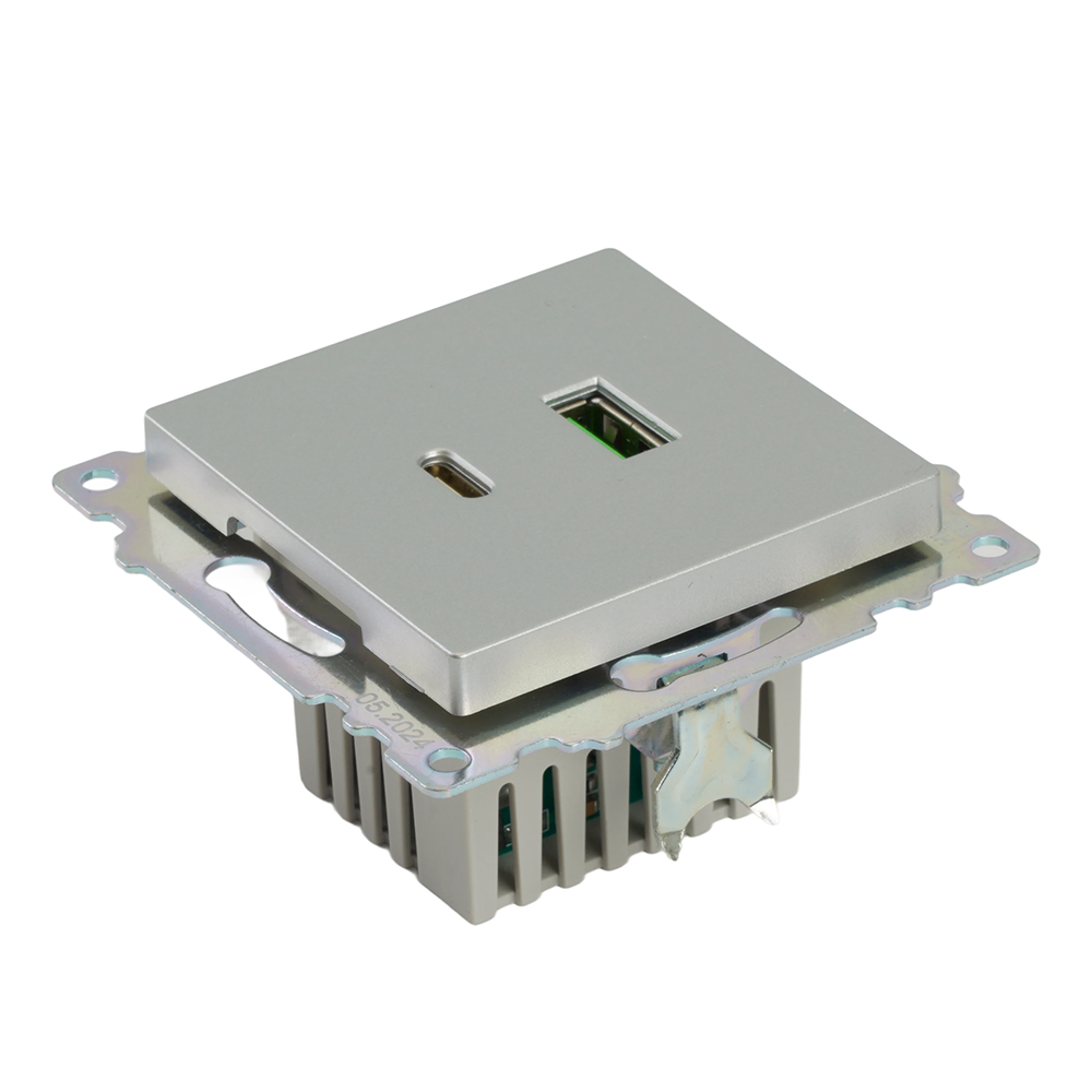 Розетка 2-местная USB + type C (механизм)), STEKKER GLS10-7116-03 , 250B, 3А, max 20W, серия Катрин, серебро