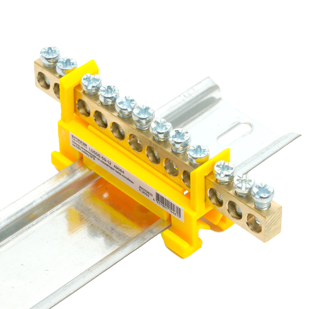 Шина "PE" на изоляторе STEKKER 6*9 тип "стойка" на DIN-рейку 12 выводов, желтый, LD556-69-12
