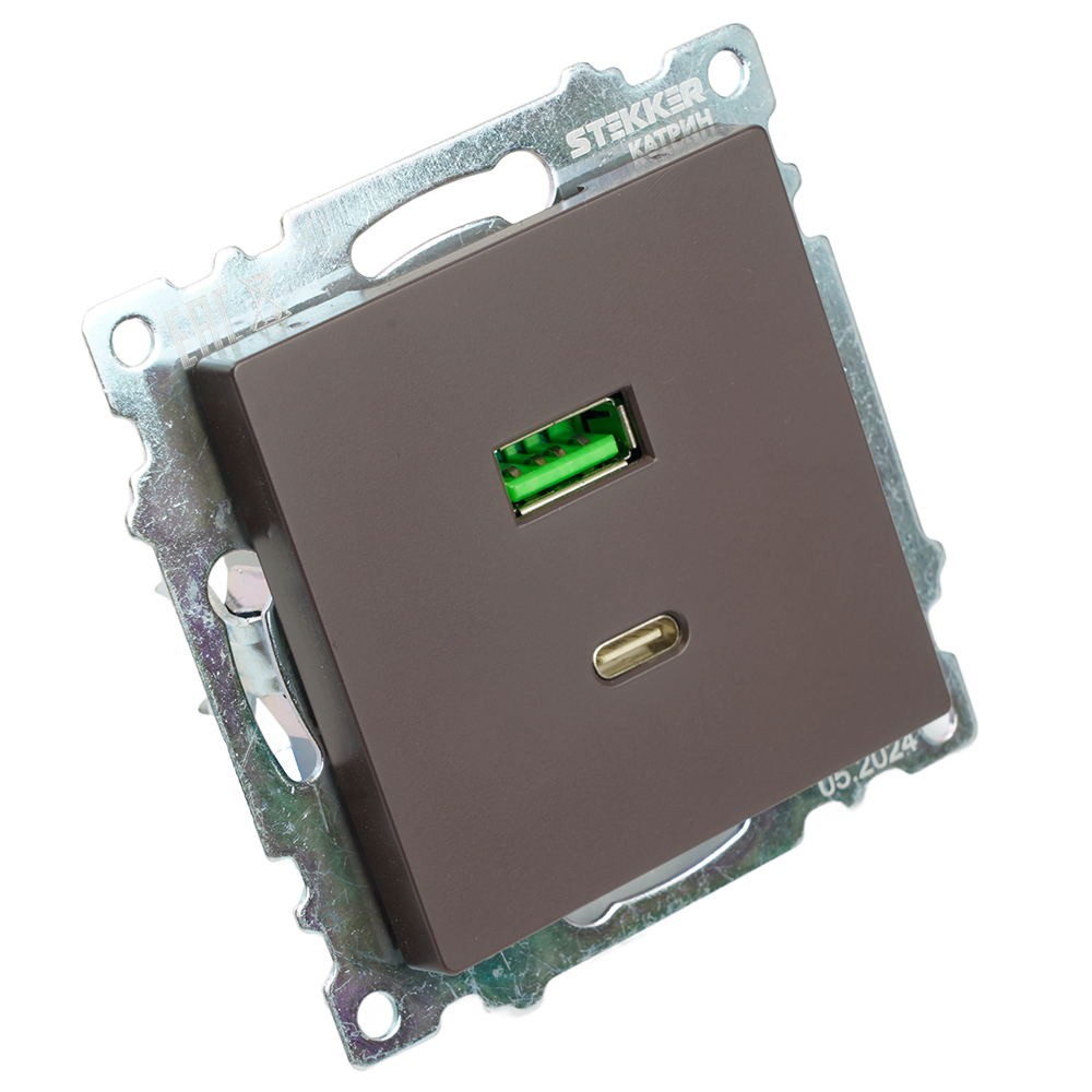 Розетка 2-местная USB + type C, STEKKER GLS10-7116-04, 250В, 3А, max 20W,серия Катрин, шоколад