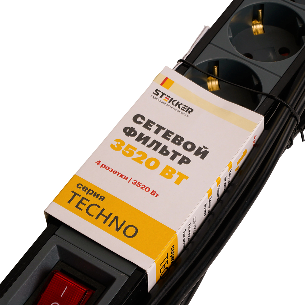 Сетевой фильтр 4-местный с/з STEKKER 3x1мм2, 5 м, 250В, 16А, серия Techno, HM22-41-05, черный
