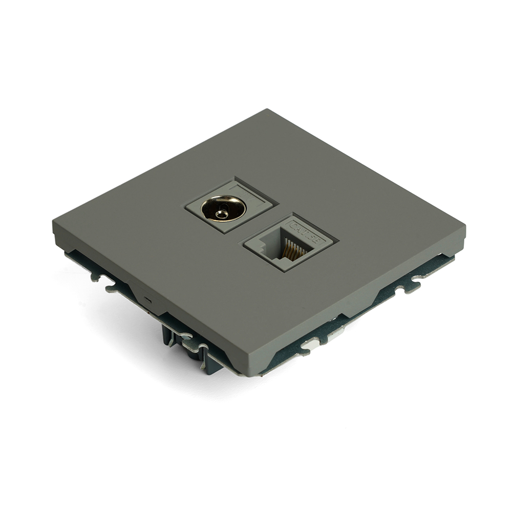 Розетка TV + компьютерная RJ-45 (механизм), STEKKER, серия Эмили, RST00-5106-10, платиново-серый, soft touch