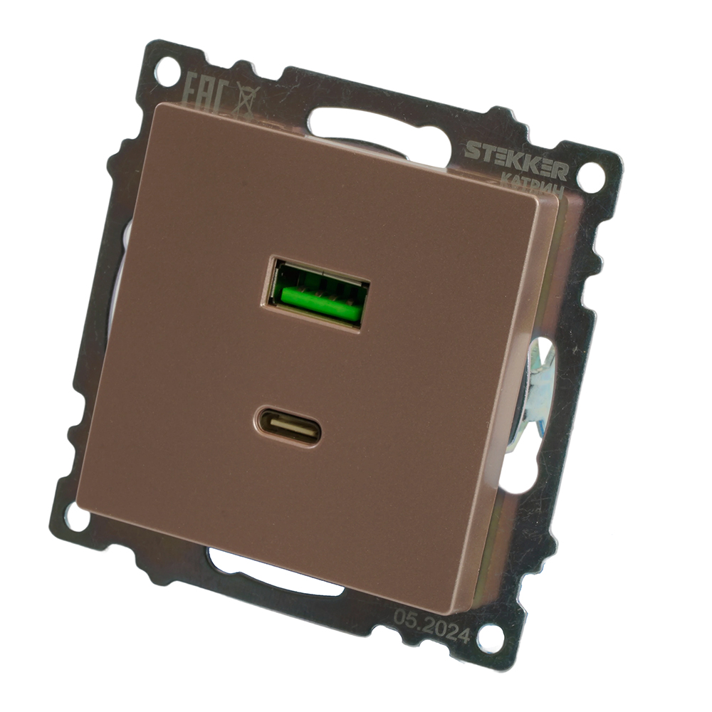 Розетка 2-местная USB + type C (механизм), STEKKER GLS10-7116-02, 250B, 3A, max 20W, серия Катрин, шампань