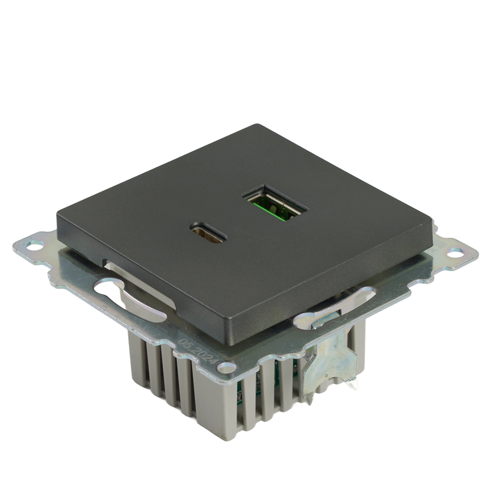 Розетка 2-местная USB + type C (механизм), 250В, 3А, max 20W, серия Катрин, графит, GLS10-7116-06