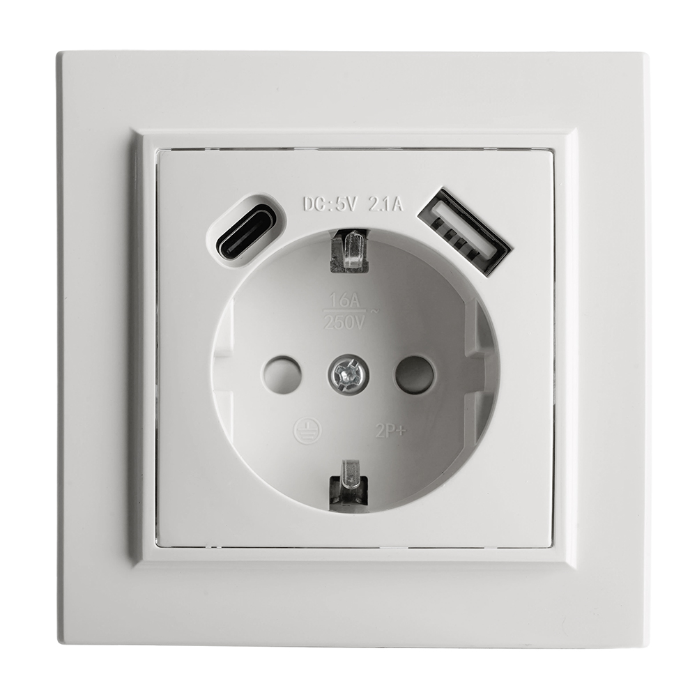 Розетка 1-местная STEKKER, PST16-9016-01, 250В, 2.1А с USB+ type C, серия Эрна, белый