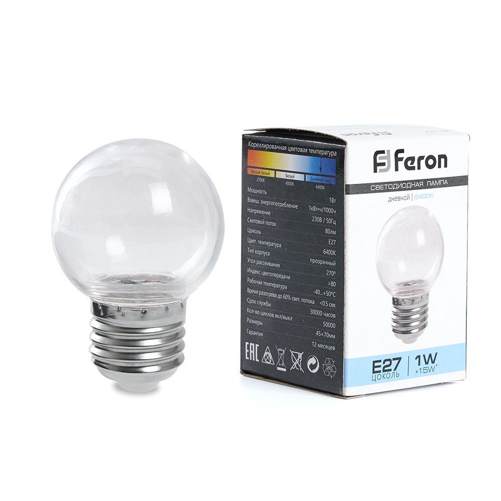 Лампа светодиодная Feron LB-371 Шар E27 3W 6400K прозрачный