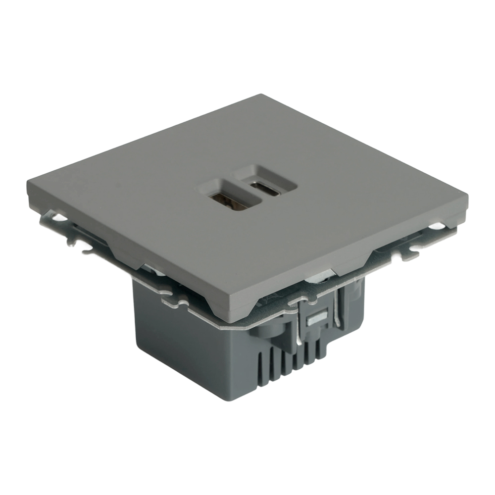 Розетка 2-местная USB + Type C (механизм), STEKKER, 250В, 20W, серия Эмили, RST10-5115-10, платиново-серый, soft touch