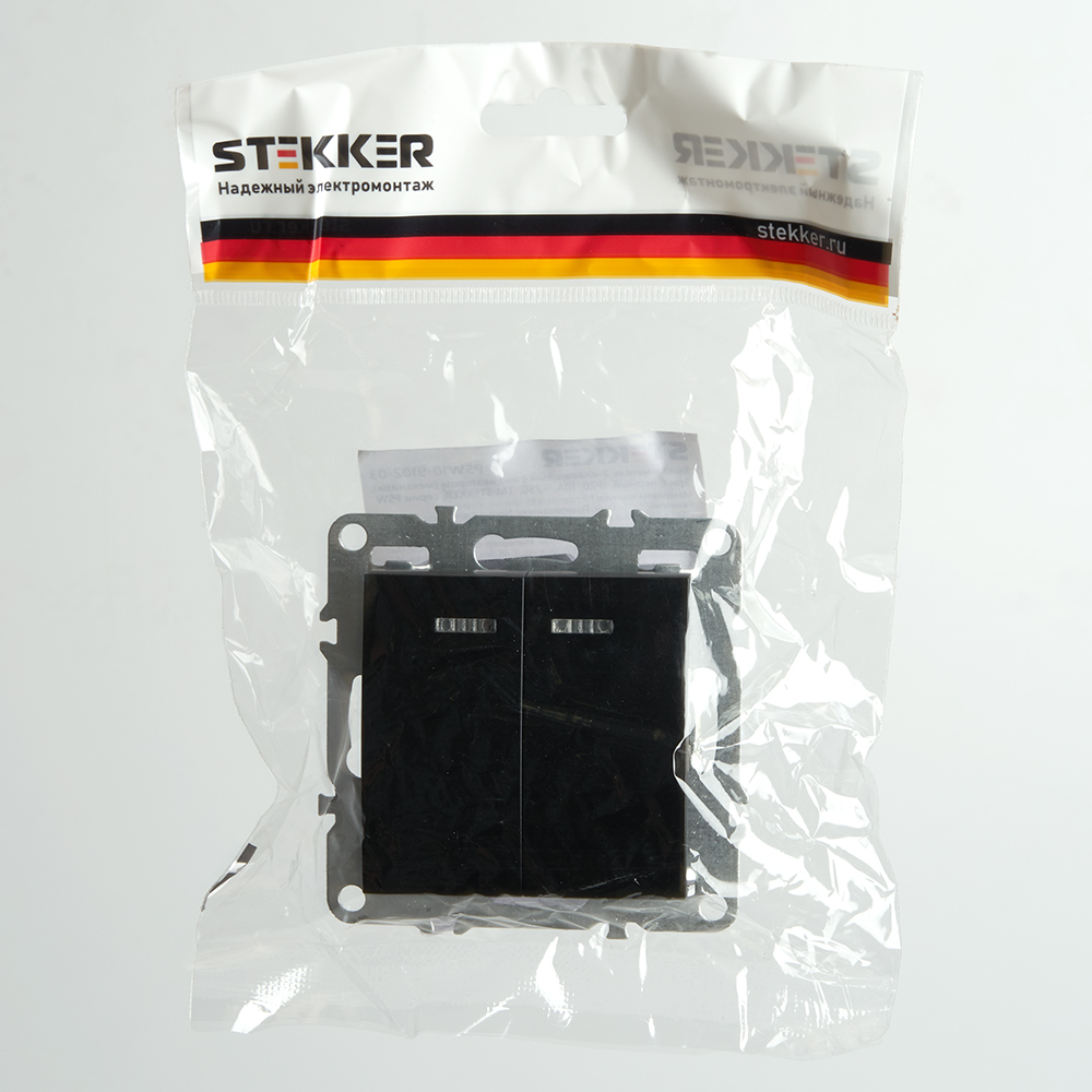 Выключатель 2-клавишный с индикатором (механизм), STEKKER, PSW10-9102-03, 250В, 10А, серия Эрна, черный