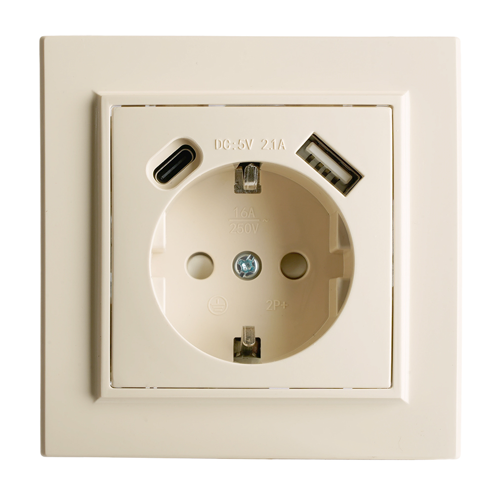 Розетка 1-местная с/з STEKKER, PST16-9016-02, 250В, 16А с USB+ type C, серия Эрна, слоновая кость