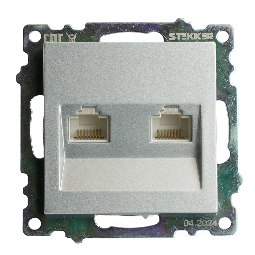 Розетка компьютерная 2-местная RJ-45 (механизм) STEKKER GLS00-7109-03 , серия Катрин, серебро