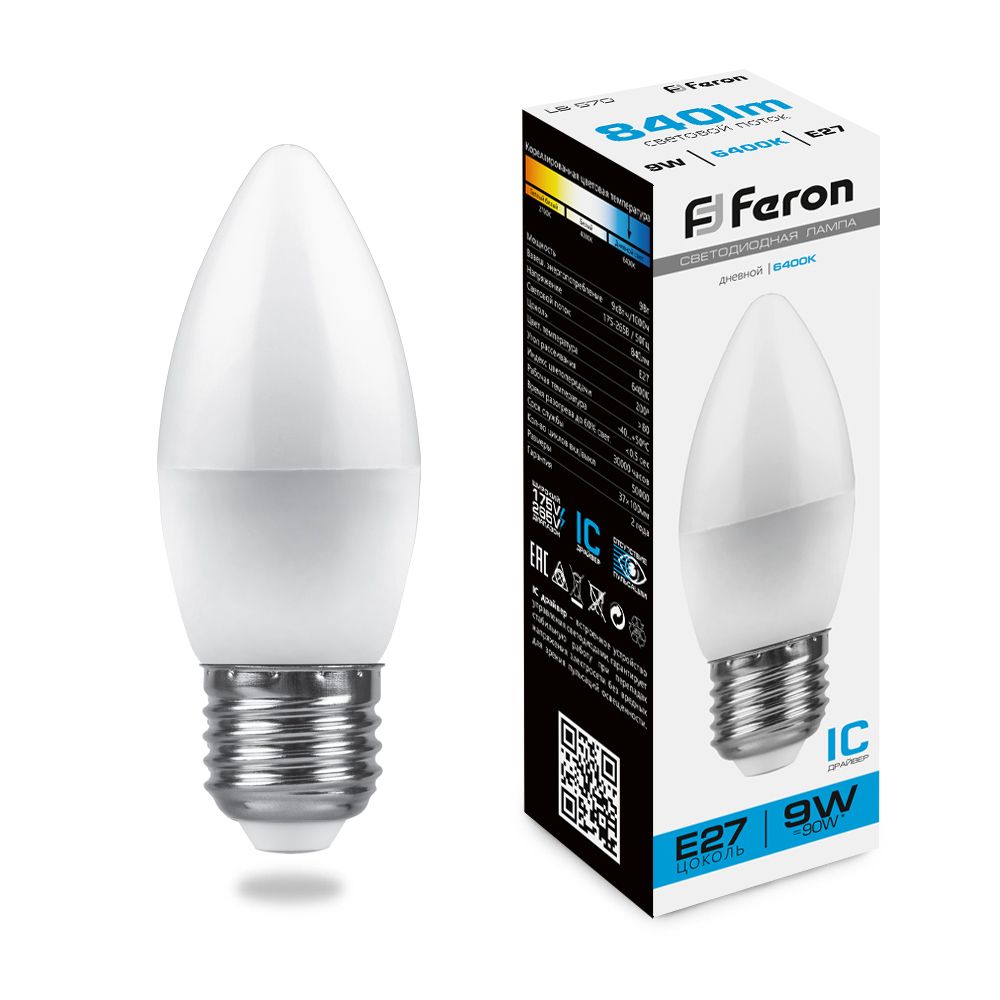 Лампа светодиодная Feron LB-570 Свеча E27 9W 175-265V 6400K