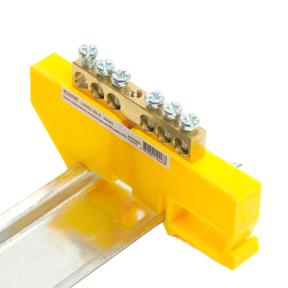 Шина "PE" на изоляторе 6*9 на DIN-рейку 6 выводов, желтый, LD555-69-6